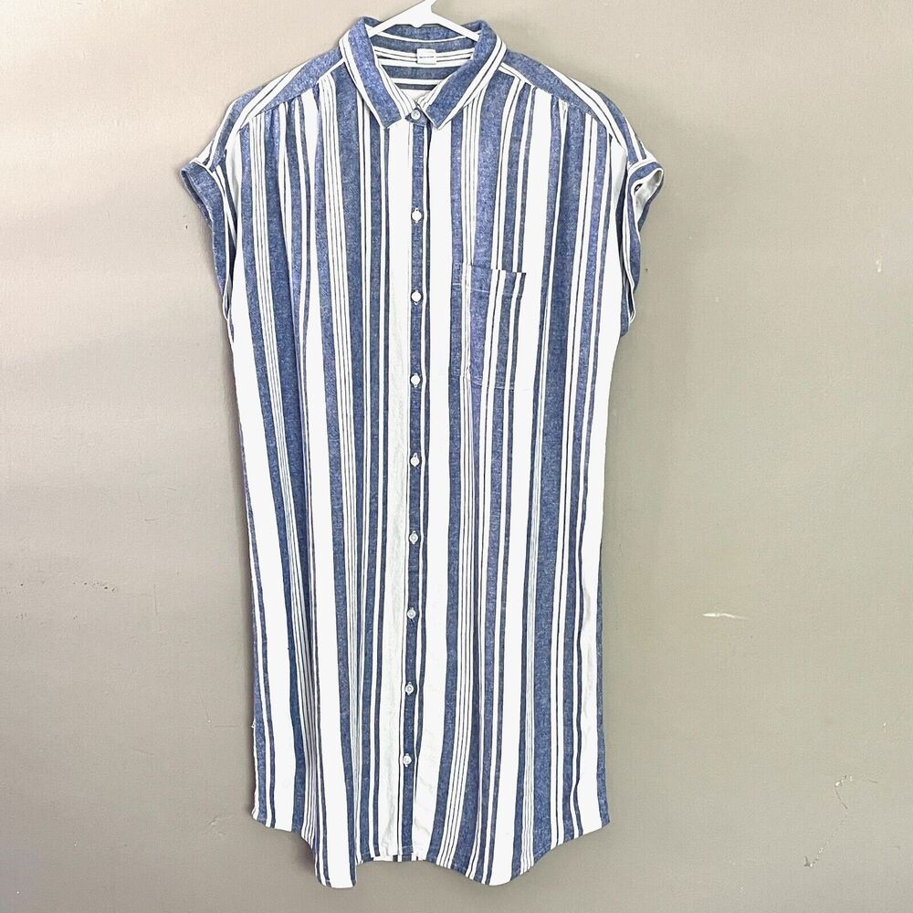 Striped Blue and White Button-Front Shirt Dress